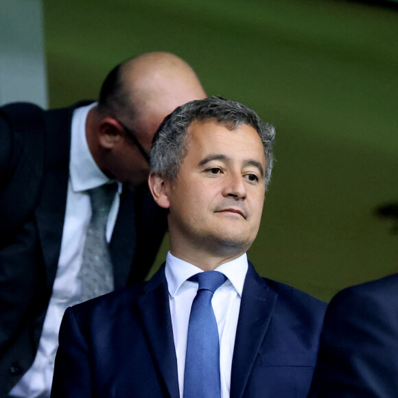 Gérald Darmanin, Ministre de l'Intérieur - People dans les tribunes lors du match de Poule A de la Coupe du Monde de Rugby France 2023 entre la France et l'Uruguay (27-12) au stade Pierre-Mauroy à Lille le 14 septembre 2023. © Cyril Moreau-Dominique Jacovides/Bestimage 