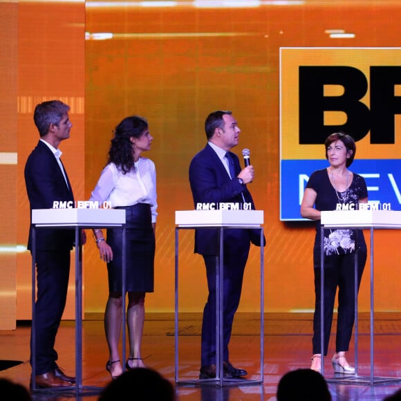 Jean-Baptiste Boursier,Apolline de Malherbe, Christophe Delay, Ruth Elkrief, Lucie Nuttin et François Lenglet - Conférence de presse du groupe NextRadioTV qui regroupe BFM TV et RMC à Paris le 2 septembre 2015. 