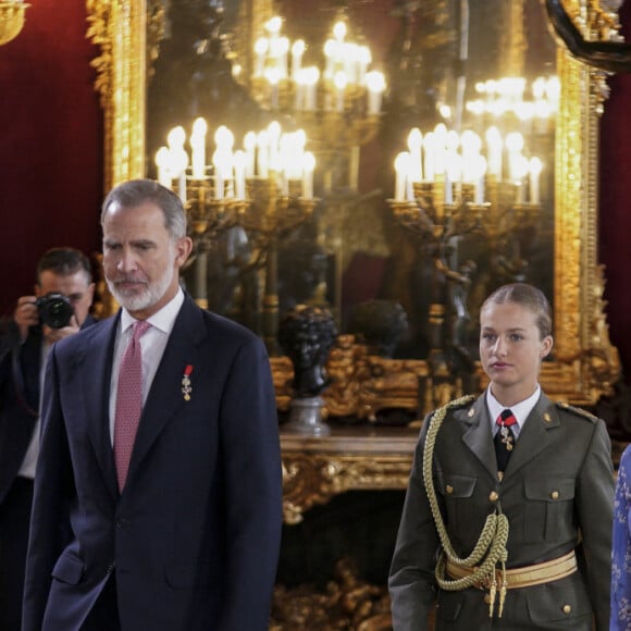 Le roi Felipe VI et la reine Letizia d'Espagne, donnent une réception au palais royal à l'occasion de la fête nationale à Madrid, le 12 octobre 2023. 