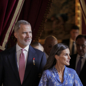 Le roi Felipe VI et la reine Letizia d'Espagne, donnent une réception au palais royal à l'occasion de la fête nationale à Madrid, le 12 octobre 2023. 