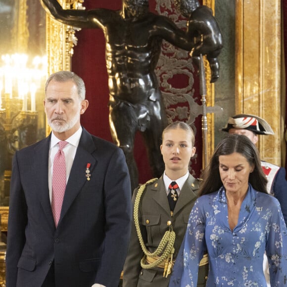 Le roi Felipe VI et la reine Letizia d'Espagne, donnent une réception au palais royal à l'occasion de la fête nationale à Madrid, le 12 octobre 2023. 