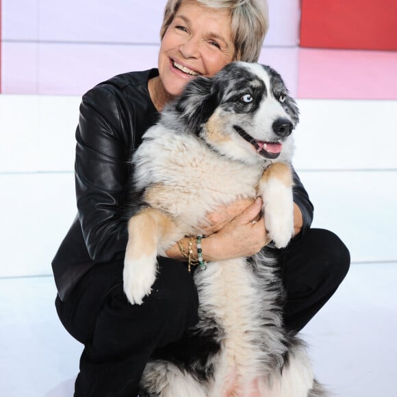 Exclusif - Veronique Jannot et sa chienne- Enregistrement de l'émission Vivement dimanche au studio Gabriel, présentée par M.Drucker et diffusée sur France 3 le 15 octobre 2023. © Guillaume Gaffiot / Bestimage