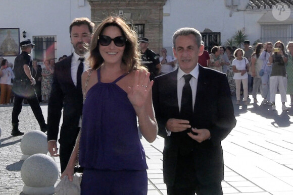 Carla Bruni and Nicolas Sarkozy arriving at the wedding of Javier Prado Benitez and Catalina Vereterra Gastearen, on September 30, 2023, in Medina Sidonia (Cadiz, Spain).