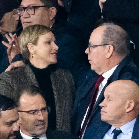 Le prince Albert II de Monaco et La princesse Charlene de Monaco - La princesse Charlene de Monaco laisse éclater sa joie lors de la victoire de l'Afrique du Sud à la finale de la coupe du monde de rugby au stade de France le 28 octobre 2023. © Cyril Moreau / Bestimage 