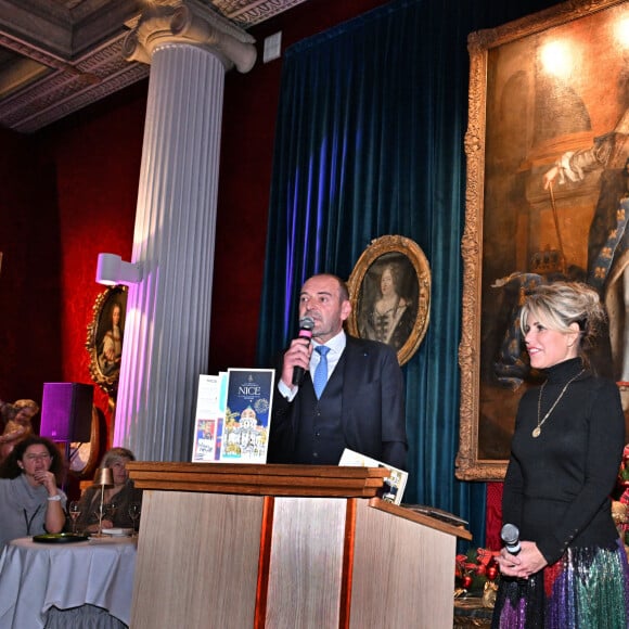 Exclusif - Lionel Servant, le directeur général de l'hôtel Negresco, et Laura Tenoudji Estrosi durant la présentation du 6eme guide des adresses incontournables by Laura Tenoudji Estrosi dans le salon Versailles de l'hôtel Negresco à Nice, le 15 décembre 2023.