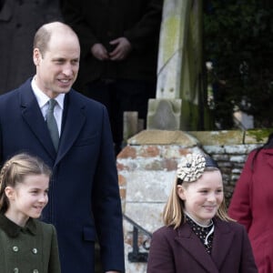 Le prince William, prince de Galles, La princesse Charlotte de Galles, Mia Tindall - Les membres de la famille royale britannique lors de la messe du matin de Noël en l'église St-Mary Magdalene à Sandringham, le 25 décembre 2023.