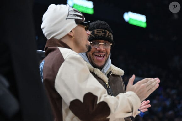 Mister V et Ciryl Gane - Célébrités assistent au match de basket de NBA entre les Cavs de Cleveland contre les Brooklyn Nets (111-102) à l'Accor Arena à Paris le 11 janvier 2024.