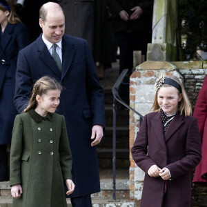 Le prince William, prince de Galles, la princesse Charlotte de Galles et Mia Tindall - Les membres de la famille royale britannique lors de la messe du matin de Noël en l'église St-Mary Magdalene à Sandringham, le 25 décembre 2023.