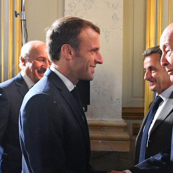 Le président de la République française Emmanuel Macron, le président du Conseil constitutionnel français Laurent Fabius et les membres du Conseil constitutionnel français Valery Giscard d'Estaing et Nicolas Sarkozy - Le président de la République française prononce un discours au Conseil Constitutionnel à l'occasion du 60ème anniversaire de la Vème République de la Constitution française à Paris, France, le 4 octobre 2018. © Christian Liewig/Pool/Bestimage 