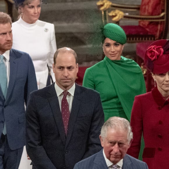 Le prince Harry, sorti de la famille royale, fait quand même partie de la ligne de succession. 
Le prince Edward, comte de Wessex, Sophie Rhys-Jones, comtesse de Wessex, Le prince William, duc de Cambridge, et Catherine (Kate) Middleton, duchesse de Cambridge, Le prince Charles, prince de Galles, et Camilla Parker Bowles, duchesse de Cornouailles, Le prince Harry, duc de Sussex, Meghan Markle, duchesse de Sussex - La famille royale d'Angleterre lors de la cérémonie du Commonwealth en l'abbaye de Westminster à Londres le 9 mars 2020. 