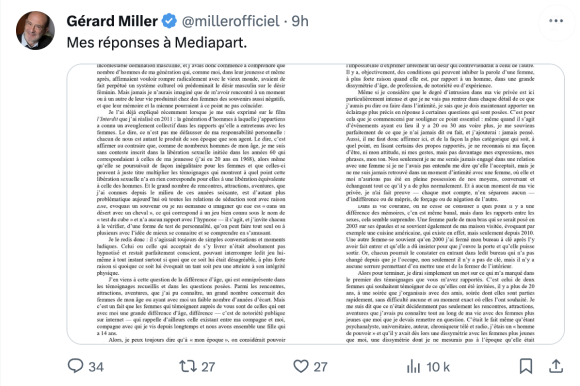 Capture d'écran de la réponse de Gérard Miller sur X (anciennement Twitter) suite aux accusations de Mediapart.