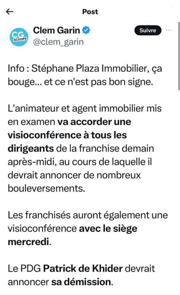 Le tweet de Clément Garin à propos du réseau Stéphane Plaza immobilier.
