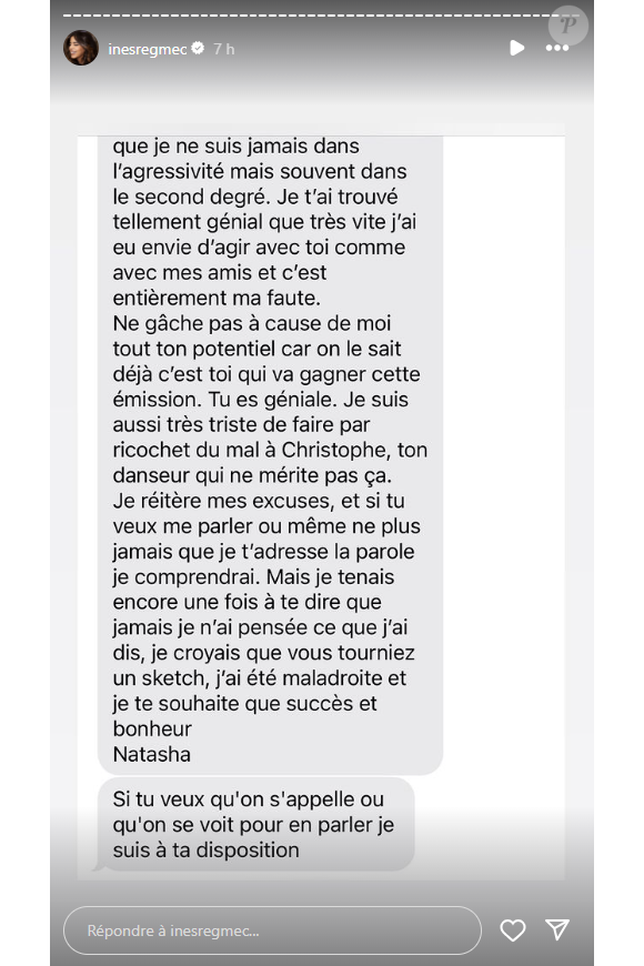 Inès Reg partage le SMS d'excuse envoyé par Natasha St-Pier après leur altercation dans le cadre des entraînements de "Danse avec les stars".