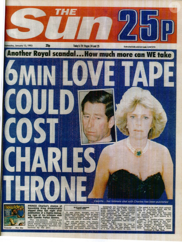 Une du journal anglais The Sun du 13 janvier 1993. L'histoire d'amour entre Charles et Camilla fait scandale. On sait aujourd'hui qu'elle ne lui coûtera pas son trône contrairement à ce que supposent à l'époque nos confrères. Photo Dave Cole/The Sun/News Licensing/ABACAPRESS.COM