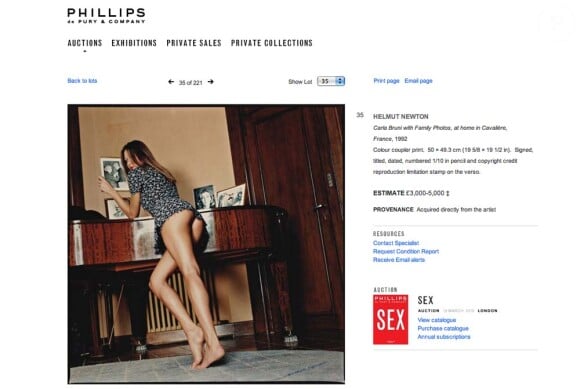 Carla Bruni par Helmut Newton, un cliché vendu dans le cadre de la vente Sex de Phillips de Pury & Company, à Londres, le 19 mars 2010 !