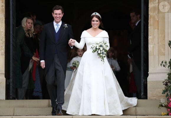 Princess Eugenie and Jack Brooksbank on the steps of St George's Chapel in Windsor Castle following their wedding, Windsor Castle, Windsor, UK on October 12, 2018. Photo by PA Wire/ABACAPRESS.COM