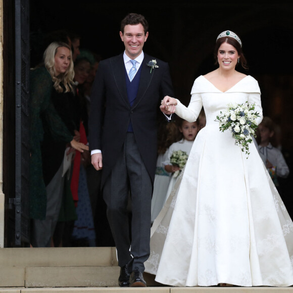 Princess Eugenie and Jack Brooksbank on the steps of St George's Chapel in Windsor Castle following their wedding, Windsor Castle, Windsor, UK on October 12, 2018. Photo by PA Wire/ABACAPRESS.COM