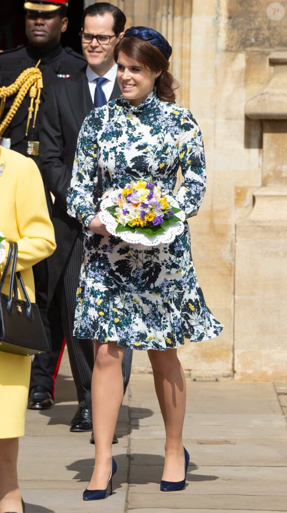 Sa Majesté la reine et la princesse Eugénie d'York quittant le service royal du bordeaux à la chapelle St George, à Windsor, au Royaume-Uni, le 18 avril 2019. Photo par Splash News/ABACAPRESS.COM