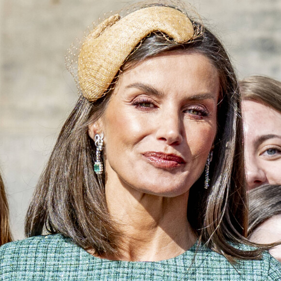 La reine Letizia d'Espagne - Cérémonie de bienvenue à Amsterdam lors de la visite d'État du couple royal espagnol aux Pays-Bas, le 17 avril 2024. 