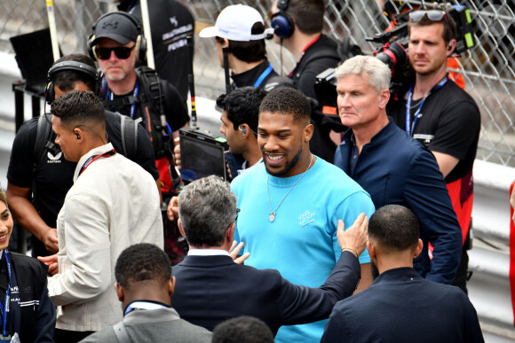 Anthony Joshua et David Coulthard durant le Monaco E-Prix 2024, le 27 avril 2024. Le pilote Jaguar Mitch Evans a remporté la course devant son coéquipier Nick Cassidy suivi par Stoffel Vandoorne sur DS Penske. C'est la 7eme édition du Monaco E-prix. A l'occasion de la 10eme saison du Championnat du Monde ABB FIA Formula E, les monoplaces de 3eme génération ont parcouru les rues de la Principauté. © Bruno Bebert/Bestimage 