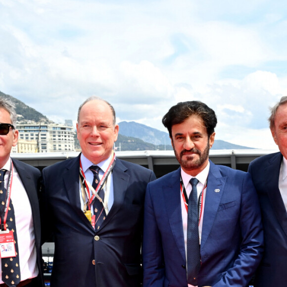 Alejandro Agag, fondateur et président de Formula E, le prince Albert II de Monaco, Mohammed Ben Sulayem, le président de la FIA, et Michel Béori, le président de l'Automobile Club de Monaco - Le prince Albert II de Monaco, la princesse Charlene et leurs enfants la princesse Gabriella et le prince héréditaire Jacques ont assisté au Monaco E-Prix 2024, le 27 avril 2024. Le pilote Jaguar Mitch Evans a remporté la course devant son coéquipier Nick Cassidy suivi par Stoffel Vandoorne sur DS Penske. C'est la 7eme édition du Monaco E-prix. A l'occasion de la 10eme saison du Championnat du Monde ABB FIA Formula E, les monoplaces de 3eme génération ont parcouru les rues de la Principauté. © Bruno Bebert/Bestimage 
