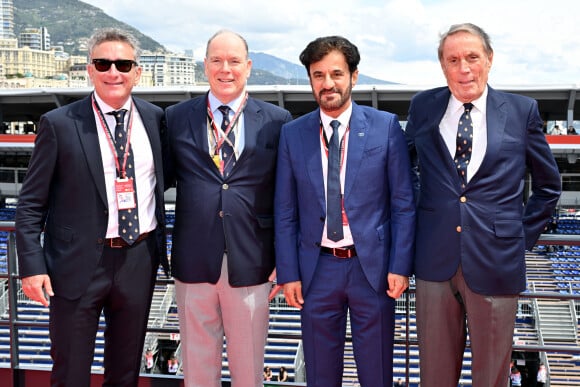 Alejandro Agag, fondateur et président de Formula E, le prince Albert II de Monaco, Mohammed Ben Sulayem, le président de la FIA, et Michel Béori, le président de l'Automobile Club de Monaco - Le prince Albert II de Monaco, la princesse Charlene et leurs enfants la princesse Gabriella et le prince héréditaire Jacques ont assisté au Monaco E-Prix 2024, le 27 avril 2024. Le pilote Jaguar Mitch Evans a remporté la course devant son coéquipier Nick Cassidy suivi par Stoffel Vandoorne sur DS Penske. C'est la 7eme édition du Monaco E-prix. A l'occasion de la 10eme saison du Championnat du Monde ABB FIA Formula E, les monoplaces de 3eme génération ont parcouru les rues de la Principauté. © Bruno Bebert/Bestimage 