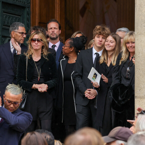 Roschdy Zem et sa compagne Sarah Poniatowski (Lavoine), Pierre Rambaldi, Roman Lavoine, sa cousine Tess Rambaldi (fille de Marie Poniatowski et petite-fille du défunt), Marie Rambaldi (Poniatowski) - Sorties des obsèques du prince Jean-Stanislas Poniatowski en l'Eglise polonaise à Paris, France, le 29 avril 2024. © Jacovides-Moreau/Bestimage
