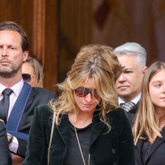 Roschdy Zem, Pierre Rambaldi, Sarah Poniatowski (Lavoine), son fils Roman Lavoine, sa cousine Tess Rambaldi (fille de Marie Poniatowski et petite-fille du défunt), Marie Rambaldi (Poniatowski), une des filles du défunt - Sorties des obsèques du prince Jean-Stanislas Poniatowski en l'Eglise polonaise à Paris, France, le 29 avril 2024. © Jacovides-Moreau/Bestimage