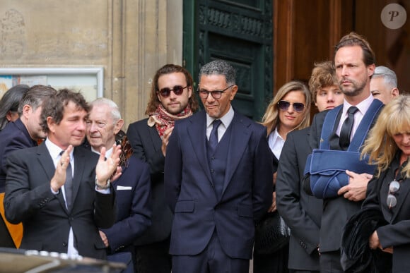 Pierre Rambaldi, Roschdy Zem, Marie Rambaldi (Poniatowski), une des filles du défunt - Sorties des obsèques du prince Jean-Stanislas Poniatowski en l'Eglise polonaise à Paris, France, le 29 avril 2024. © Jacovides-Moreau/Bestimage