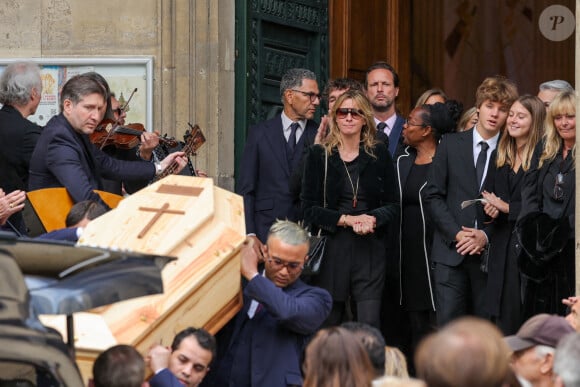 Roschdy Zem et sa compagne Sarah Poniatowski (Lavoine), Pierre Rambaldi, Roman Lavoine, sa cousine Tess Rambaldi (fille de Marie Poniatowski et petite-fille du défunt), Marie Rambaldi (Poniatowski) - Sorties des obsèques du prince Jean-Stanislas Poniatowski en l'Eglise polonaise à Paris, France, le 29 avril 2024. © Jacovides-Moreau/Bestimage