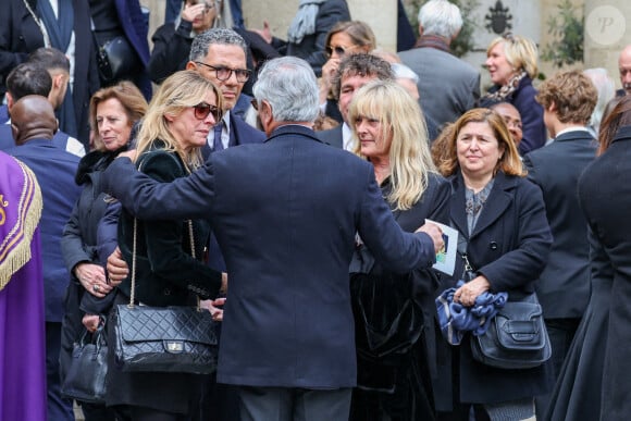 Roschdy Zem et sa compagne Sarah Poniatowski, sa soeur Marie Poniatowski (Rambaldi), les deux filles du défunt - Sorties des obsèques du prince Jean-Stanislas Poniatowski en l'Eglise polonaise à Paris, France, le 29 avril 2024. © Jacovides-Moreau/Bestimage 