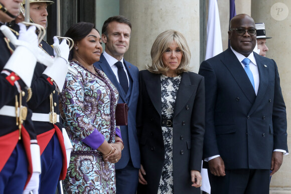 Le président Emmanuel Macron et sa femme la Première Dame Brigitte Macron reçoivent son homologue le président de la République démocratique du Congo Félix Tshisekedi et sa femme la Première Denise Nyakeru Tshisekedi pour un déjeuner de travail au palais de l'Elysée à Paris, France, le 30 avril 2024. © Stéphane Lemouton/Bestimage 