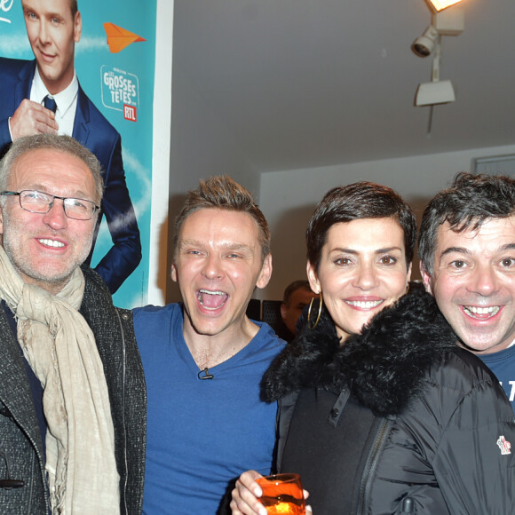 Karine Le Marchand, Laurent Ruquier, JeanFi Janssens, Cristina Cordula, Stéphane Plaza et Chantal Ladesou au cocktail après la générale du spectacle "JeanFi (Janssens) Décolle" à l'Alhambra à Paris, le 7 décembre 2017. © Giancarlo Gorassini/Bestimage 