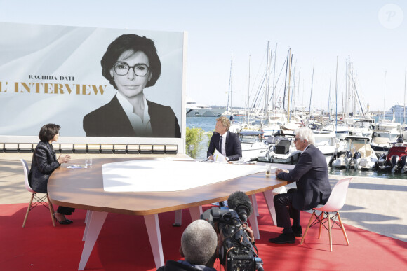 Exclusif - Richard Gere et Rachida Dati, ministre de la Culture lors de l'enregistrement du "20h30 le dimanche" (19/05/24) avec Laurent Delahousse lors du 77ème Festival International du Film de Cannes, France, le 17 mai 2024. © Jack Tribeca/Bestimage 