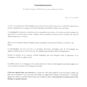 L'avocate de Gérard Depardieu publie un communiqué officiel.
