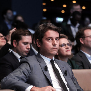 Le premier ministre, Gabriel Attal lors du meeting " Besoin d'Europe" de Valérie Hayer, tête de liste de la majorité Renaissance pour les élections européennes à la maison de la mutualité, le 7 mai 2024. © Stéphane Lemouton / Bestimage