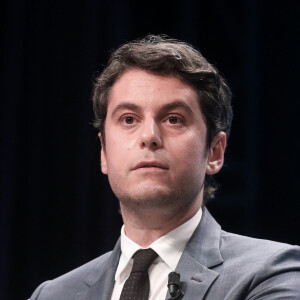 Le premier ministre, Gabriel Attal lors du meeting " Besoin d'Europe" de Valérie Hayer, tête de liste de la majorité Renaissance pour les élections européennes à la maison de la mutualité, le 7 mai 2024. © Stéphane Lemouton / Bestimage