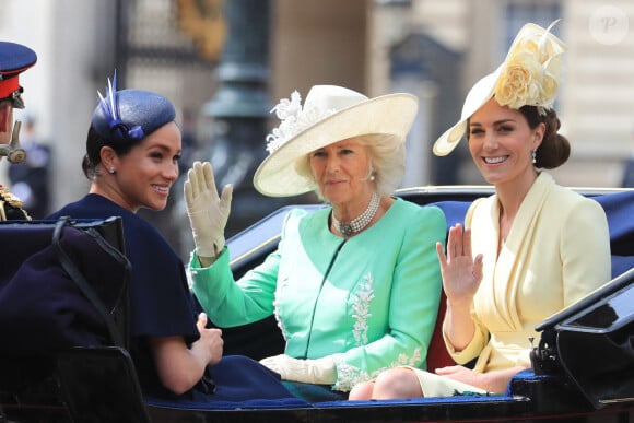 Le duc et la duchesse de Sussex, la duchesse de Cambridge et la duchesse de Cornouailles se rendent sur le Mall à Horse Guards Parade, à Londres, avant la cérémonie de la montée des couleurs, alors que la reine célèbre son anniversaire officiel. Londres, Royaume-Uni, le samedi 8 juin 2019. Photo by Gareth Fuller/PA Wire /ABACAPRESS.COM Londres, Royaume-Uni, le samedi 8 juin 2019. Photo par Gareth Fuller/PA Wire/ABACAPRESS.COM