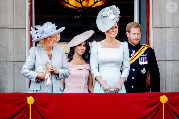 La famille royale britannique sur le balcon lors de la célébration du Trooping the Colour à Londres, au Royaume-Uni, le 09 juin 2018. Meghan Duchesse de Sussex Princesse Meghan Markle et le prince Harry Famille royale britannique à Trooping the Colour La reine Elizabeth, le prince de Galles Charles, la duchesse de Cornouailles Camilla, le duc et la duchesse de Cambridge, le prince George, la princesse Charlotte , le prince Andrew et la princesse Anne à Londres, Royaume-Uni, trooping the colour , La trooping the color annuelle est pour honorer l'anniversaire officiel de la Reine. Photo par Robin Utrecht/ABACAPRESS.COM