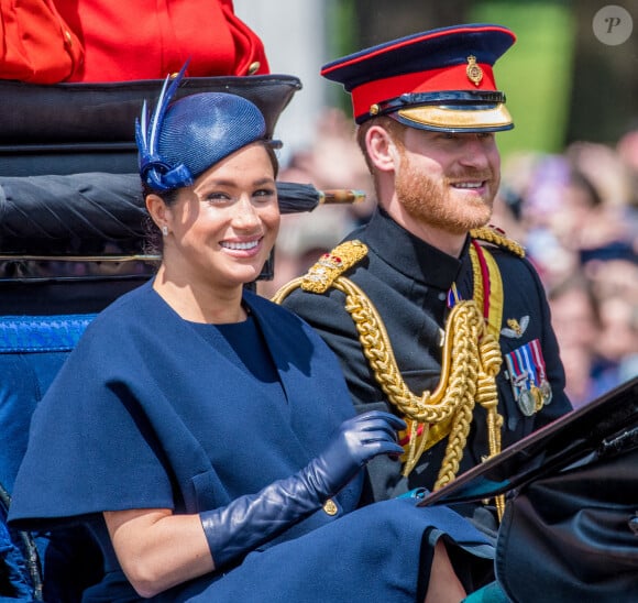 Le prince Harry, Meghan Duchesse de Sussex lors de la cérémonie Trooping the Colour, marquant l'anniversaire officiel du monarque, à Londres. UK, le 08 juin 2019. Photo par Mischa Schoemaker/ABACAPRESS.COM