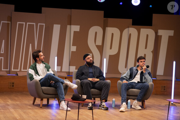 Pierre-Alexis Bizot (Domingo), Zack Nani (youtubeur et streameur) et Hugo Travers (HugoDécrypte) lors de la deuxième édition du festival "Demain le sport" organisé par France Info, L'Équipe et France Télévisions, à la Maison de la Radio et de la Musique à Paris, France, le 19 septembre 2023. Une journée autour de l'avenir du sport, avec au programme des tables rondes, des ateliers sportifs et une exposition, à moins d'un an des Jeux Olympiques. © Pierre Perusseau/Bestimage