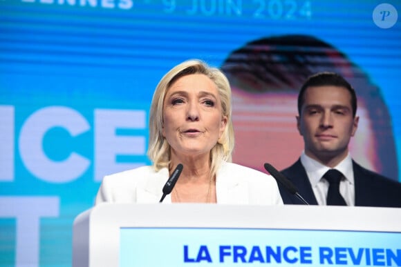 Marine Le Pen - Elections europeennes: soirée électorale de Jordan Bardella au parc floral - Pavillon chesnaie du Roy. La liste RN de Jordan Bardella arrive en tete avec 32% des suffrages, selon les premieres estimations. © Lionel Urman / Panoramic / Bestimage 