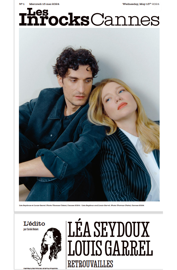 Elle raconte cette anecdote aux cotés de l'acteur dans une interview pour "Les Inrockuptibles".
"Les Inrockuptibles", 15 mai 2024, Louis Garrel et Léa Seydoux.