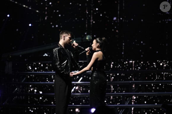 Julien Liebermann et Lénie Vacher lors du concert de la Star Academy à Lyon, le 15/03/24. Photo Sandrine Thesillat / Panoramic