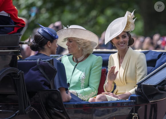 Meghan markle , duchesse de Sussex, Catherine (Kate) Middleton, duchesse de Cambridge, Camilla Parker Bowles, duchesse de Cornouailles - La parade Trooping the Colour 2019, célébrant le 93ème anniversaire de la reine Elisabeth II, au palais de Buckingham, Londres, le 8 juin 2019.