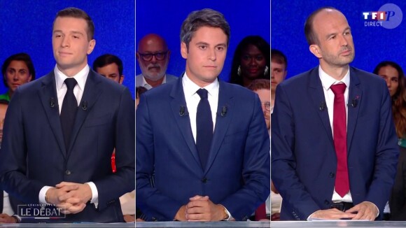 Le débat, arbitré par Anne-Claire Coudray et Gilles Bouleau, a été porté par Gabriel Attal, Jordan Bardella et Manuel Bompard
Gabriel Attal, Jordan Bardella et Manuel Bompard sur le plateau de "Législatives : Le débat"