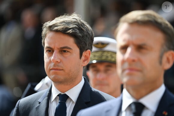 Le Premier ministre, Gabriel Attal - Le président de la République française E.Macron participe à la cérémonie de commémoration du 84ème anniversaire de l'Appel du 18 juin 1940 au Mont Valérien (Hauts-de-Seine), le 18 juin 2024. © Jacques Witt / Pool / Bestimage 