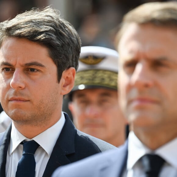 Le Premier ministre, Gabriel Attal - Le président de la République française E.Macron participe à la cérémonie de commémoration du 84ème anniversaire de l'Appel du 18 juin 1940 au Mont Valérien (Hauts-de-Seine), le 18 juin 2024. © Jacques Witt / Pool / Bestimage 