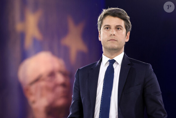 Le premier ministre, Gabriel Attal lors du meeting de V.Hayer, tête de liste Renaissance pour les élections européennes, au Docks de Paris à Aubervilliers le 1er juin 2024. © Stéphane Lemouton / Bestimage 