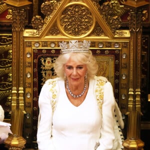 Le roi Charles III d'Angleterre et Camilla Parker Bowles, reine consort d'Angleterre, au Palais de Westminster lors de l'ouverture officielle du Parlement britannique. Londres, le 17 juillet 2024.  